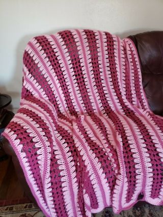 Large Vintage Hand Crochet Afghan Blanket Throw Pink 88 " X 70 " Soft