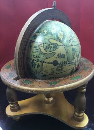 Vintage Old World Wooden World Globe Desk Top Astrology Zodiac Italy