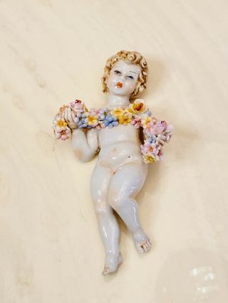 Vintage Capodimonte Italy Porcelain Cherub Angel With Flower Garland Figurine