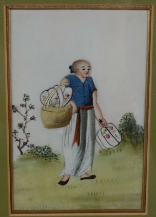 Fine Antique Chinese Rice Pith Paper Painting Woman With Bag Of Fans