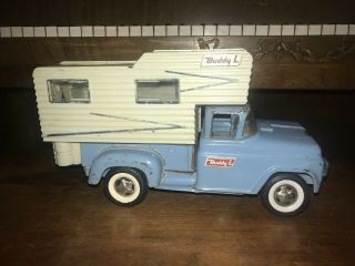 Vintage Pressed Steel Blue Buddy L Stepside Pickup Truck With Camper