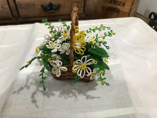 Vintage Beaded Basket And Flowers Hand Made