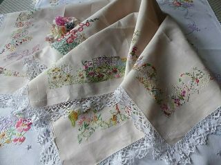 Vintage Hand Embroidered Tablecloth - Flower Gardens - Stunning