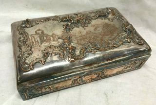 Antique Vintage Silver Plated & Wood Cigar Box W/ Fountain Landscape Scene