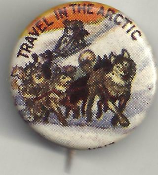 Vintage Play Button Gum Co.  Pin Travel In The Arctic Sled Dogs Pin W/ Backpaper