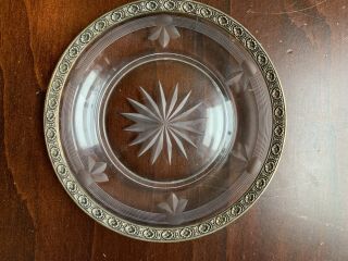 Vintage Etched Glass Plate with STAMPED Sterling Silver Rim 5.  5 