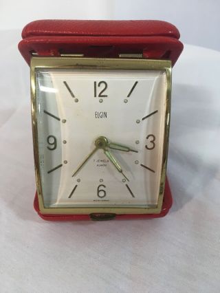 Vintage Elgin 7 Jewel Wind Up Travel Alarm Clock Red Shell Case (03)