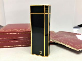 Auth Cartier Lacquer Pentagon 5 - Sided Lighter Black / Gold W Case & Card (6571)