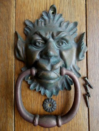 Large Vintage Antique Brass Devil Head Gargoyle Door Knocker Bronzed With Age