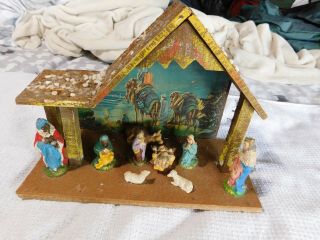 Vintage Carved Wooden Christmas Nativity Manger Mary Joseph Jesus Set,  Italy Vgc