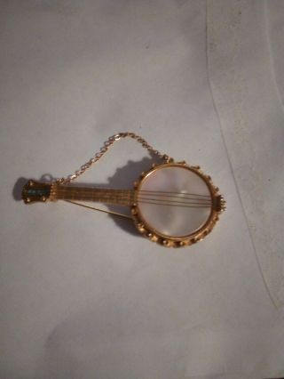 High End Vintage Jewelry Mother Of Pearl Banjo Brooch Pin Signed Mandle