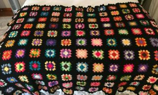 Lovely Vintage Crocheted Granny Square Afghan Quilt Black