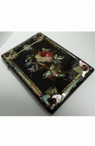 Fine Rare English Antique 1860 Black Lacquer & Mother Of Pearl Calling Card Case