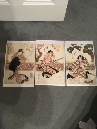 Antique Japanese Triptych Woodblock Print Kunisada Utagawa 19th C.