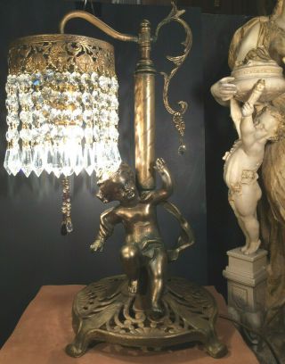 Fine Antique French Gilt Bronze Cherub Lamp W/austrian Crystals,  C1920s