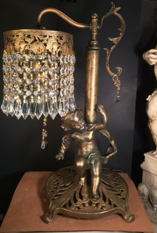 FINE ANTIQUE FRENCH GILT BRONZE CHERUB LAMP W/AUSTRIAN CRYSTALS,  C1920s 2