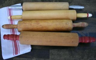 Set Of 4 Vintage Wood Rolling Pins Red Silver Farmhouse,  A Towel