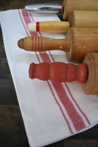 Set of 4 Vintage Wood Rolling Pins Red Silver Farmhouse,  A Towel 2