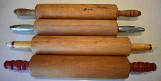 Set of 4 Vintage Wood Rolling Pins Red Silver Farmhouse,  A Towel 3