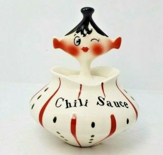 Vintage Holt Howard Chili Sauce Jar & Spoon With Girl Head Pixie Pixieware