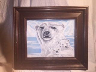 1973 Vintage Painting Of Mother Polar Bear And Cubs Framed Signed