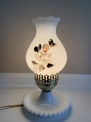 Vintage Hand Painted Milk Glass Hurricane Electric Table Lamp W/ Hobnail Base
