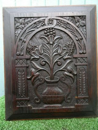 Mid 19thc Wooden Oak Relief Carved Panel: Flowers,  Leaves In Vase C1860s
