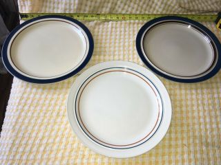 3 Vtg Stoneware Xl Dinner Plate Japan Blue Brown Stripe Sunmarc Carousel Finesse