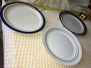 3 VTG Stoneware XL Dinner Plate Japan Blue Brown Stripe Sunmarc Carousel Finesse 2