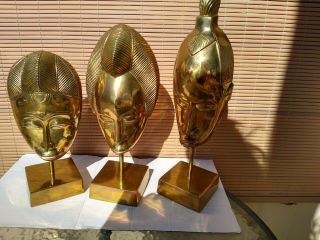Vintage Mid Century Modern Set Of 3 Large Brass African Face Masks On Stands
