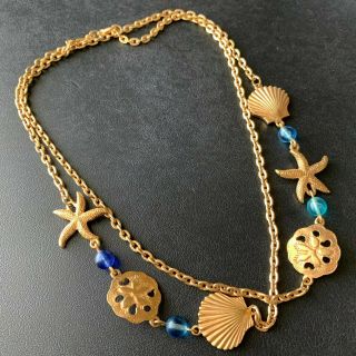 Vintage Style Gold Tone Shell Nautical Blue Glass Bead Necklace 715