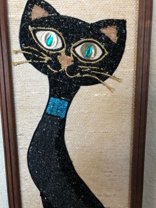 Vintage Mid - Century Modern Gravel Art Picture Black Cat Kitten MCM 2