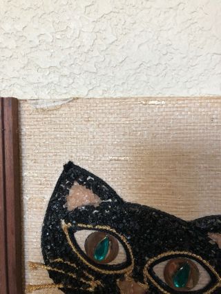 Vintage Mid - Century Modern Gravel Art Picture Black Cat Kitten MCM 3