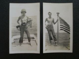 Ww2 Us Navy Sailors Flag And Holding Rifle Vintage Photos