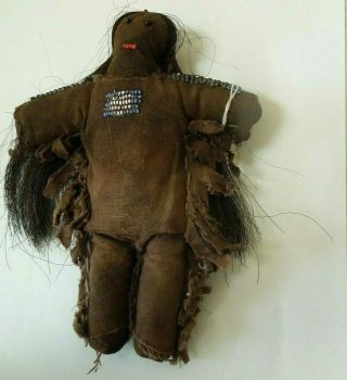 Antique 7 " Handmade Beaded Cloth Native American Indian Doll W/ Horsehair