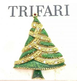 Vintage Trifari Gold Tone,  Enamel & Clear Rhinestones Christmas Tree Pin Brooch