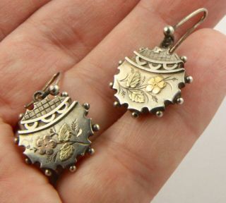 Antique Victorian Circa 1890 Sterling Silver Gold Accent Ornate Earrings
