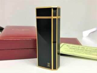 Auth Cartier Lacquer Pentagon 5 - Sided Lighter Black / Gold W Case & Card (0754)