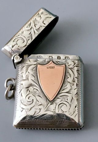 Antique 19th C Hallmarked 9k Gold And Sterling Silver Vesta Case / Match Safe