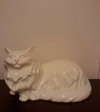 Vintage Large 17 Inch White Longhaired Ceramic Cat W Pink Eyes & Nose