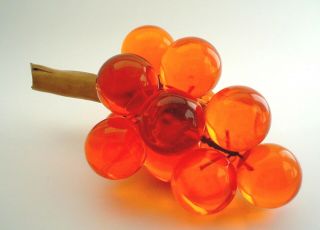 Vintage Orange Mid Century Lucite Bunch Of Grapes With Drift Wood Stem