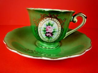 Vintage Occupied Japan Green Floral Teacup & Saucer Set 1945 - 1951
