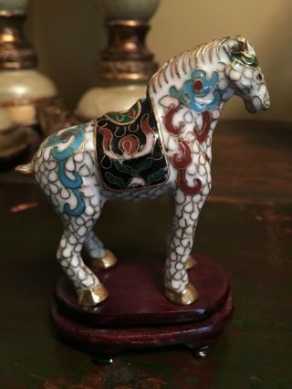 Rare Vintage Chinese Cloisonne Enamel Horse Figurine Statue W/wood Stand