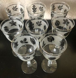 Vintage Libbey Silver Leaf Frosted Wine Set Of 8 Glasses 7 1/4” Tall