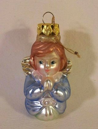 Vintage Thin Glass Angel Christmas Ornament Painted Blue Dress And Gold Wings