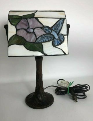 Vintage Tiffany Style 12.  5” Stain - Glass Floral/hummingbird Display Table Lamp