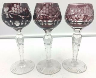 Ajka Marsala Cut To Clear 3 X Vintage Stemmed 5 " Cordial Glasses Red Mauve