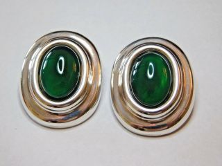 Vintage Mexican Sterling Silver Large Round Green Agate Clip Earrings