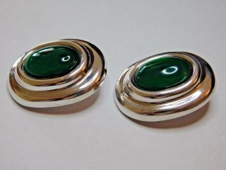 Vintage Mexican Sterling Silver Large Round Green Agate Clip Earrings 2