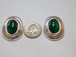 Vintage Mexican Sterling Silver Large Round Green Agate Clip Earrings 3